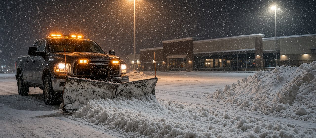 A dark pickup with amber lights and a front plow blade pushing snow across a parking lot at night, with tall pole lights, a storefront building and a snow pile behind it, in Rochester, New York