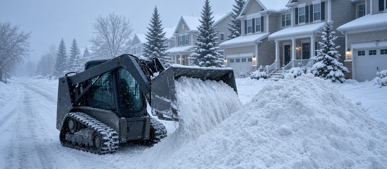 A tracked skid steer pushing snow into a tall pile beside a residential street lined with two-story houses and evergreen trees in falling snow, in Rochester, New York