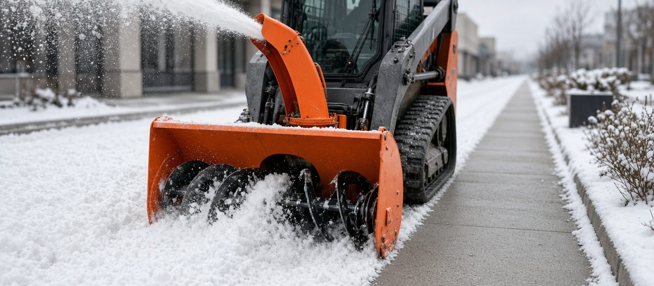 An orange snow blower attachment on a tracked loader throwing snow beside a long cleared sidewalk, in Rochester, New York
