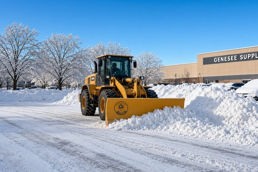A yellow wheel loader with a DC Approved plow blade pushing snow into a long pile in a store parking lot, with frosted bare trees, snow-covered parked cars, a tan store building and a clear blue sky behind it, in Rochester, New York
