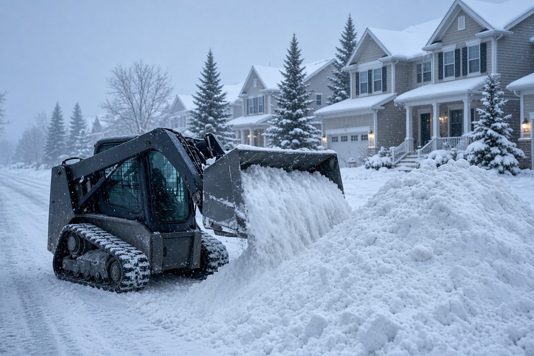 A tracked skid steer pushing snow into a tall pile beside a residential street lined with two-story houses and evergreen trees in falling snow, in Rochester, New York
