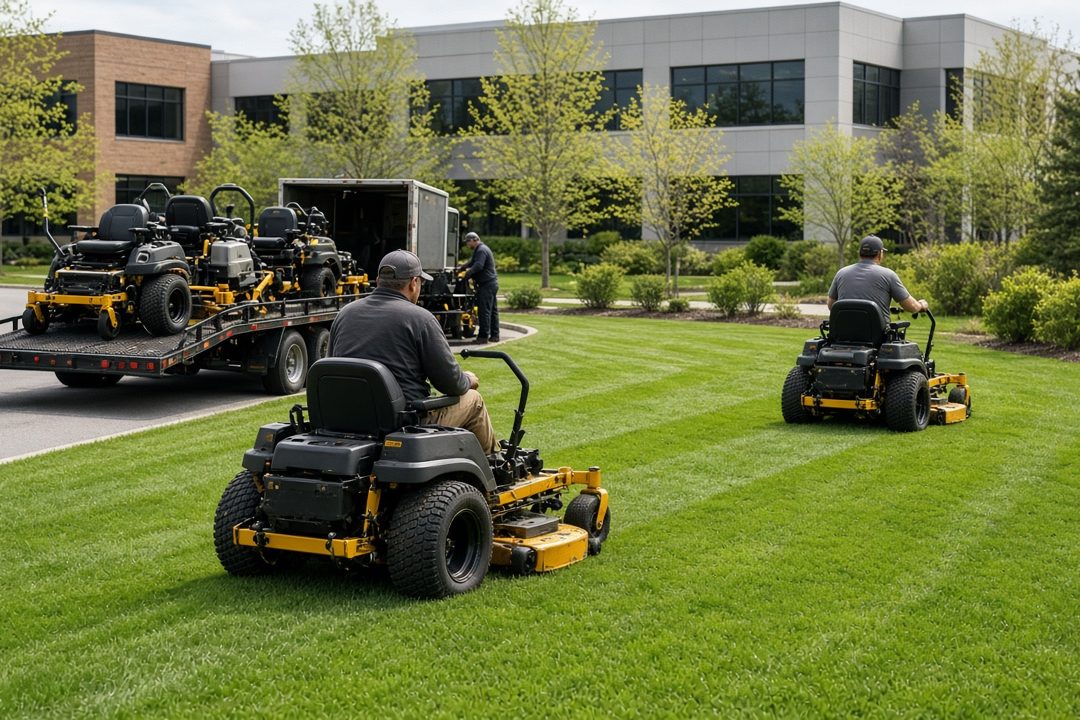 Landscape workers on yellow and black zero-turn mowers cutting a green lawn at an office park, with a trailer of mowers behind them, in Rochester, New York
