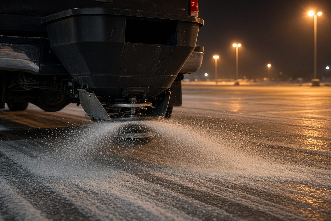A black tailgate hopper on the back of a truck spreading salt across a parking lot at night, in Rochester, New York